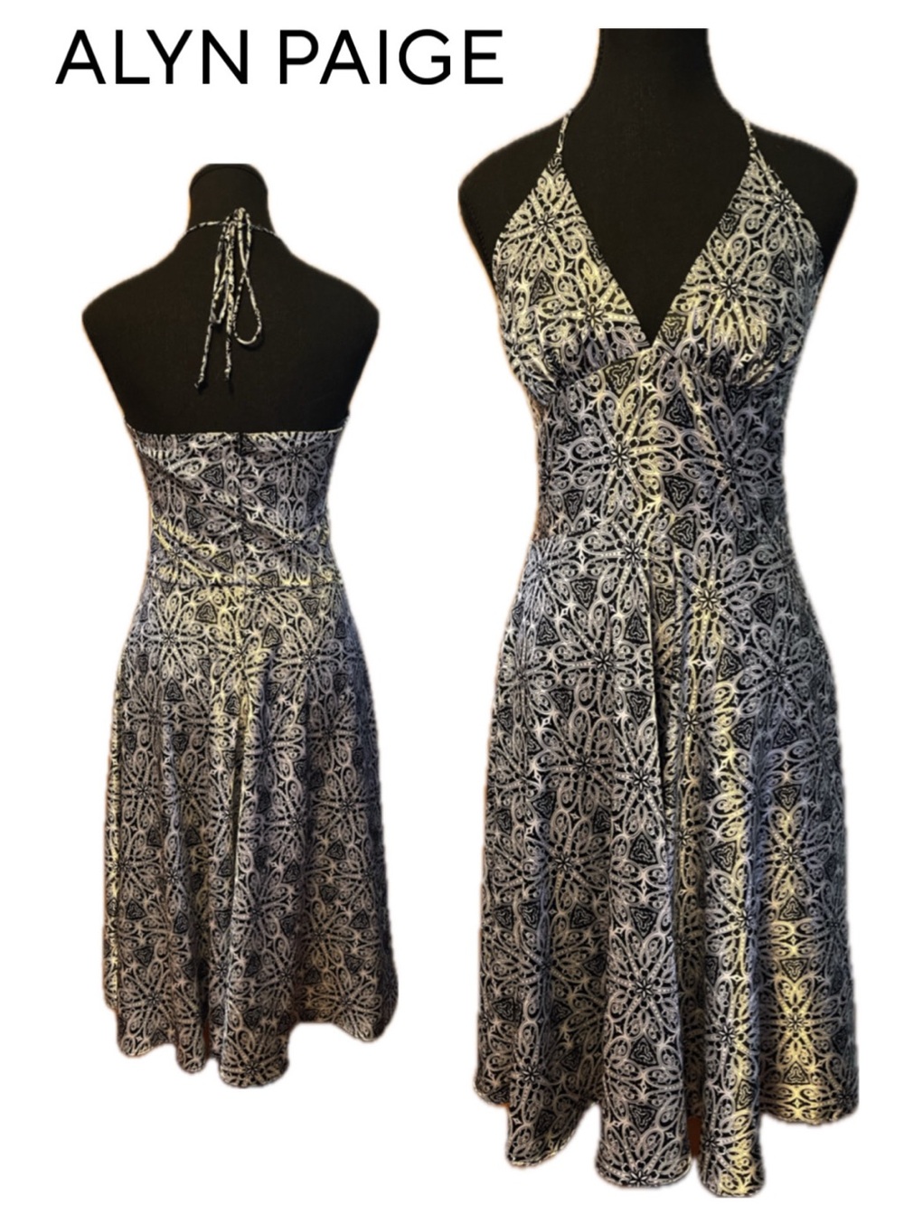 Vintage 90s Y2K Alyn Paige Metallic Halter Dress Medallion Damask Midi Backless